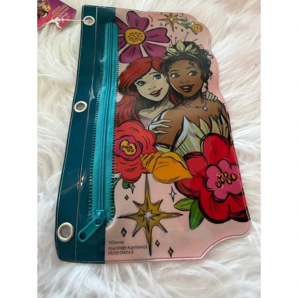 Disney Princess Pencil Pouch 3 Ring Binder Ariel Tiana Flounder Pink Teal NEW